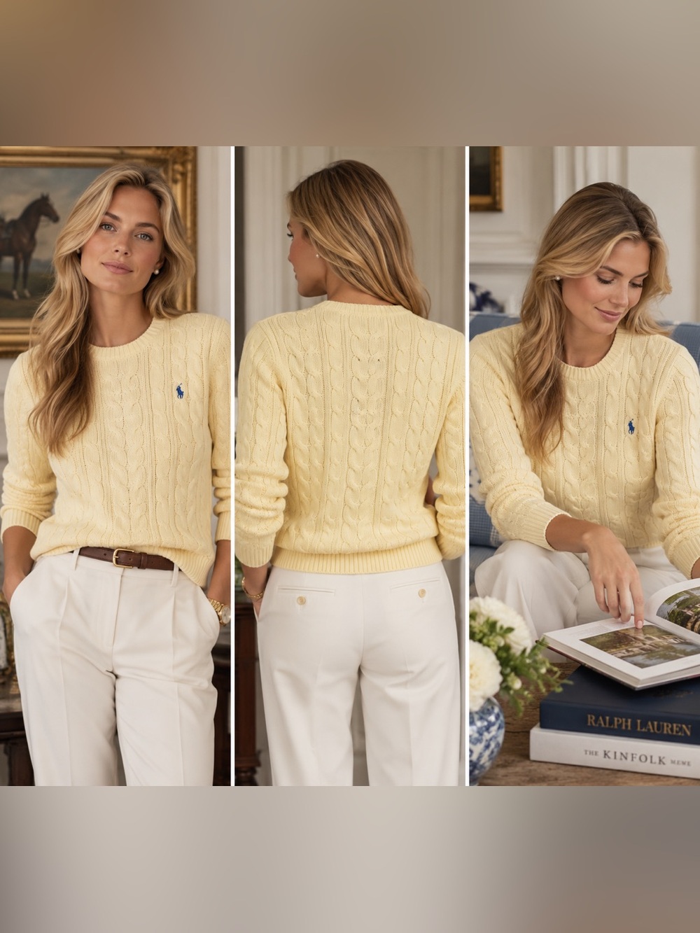 Polo Ralph Lauren M Butter Yellow Cable Knit Cotton Sweater Preppy Heritage Pony - Picture 2 of 11